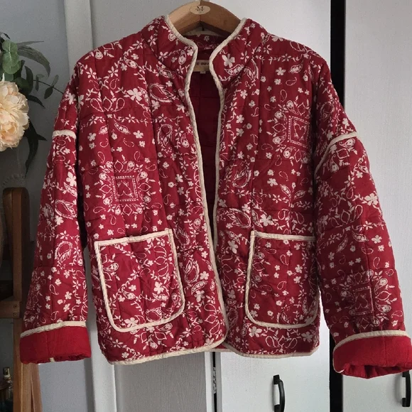 Free People Red and White Bomber Jacket - Picture 4 of 10